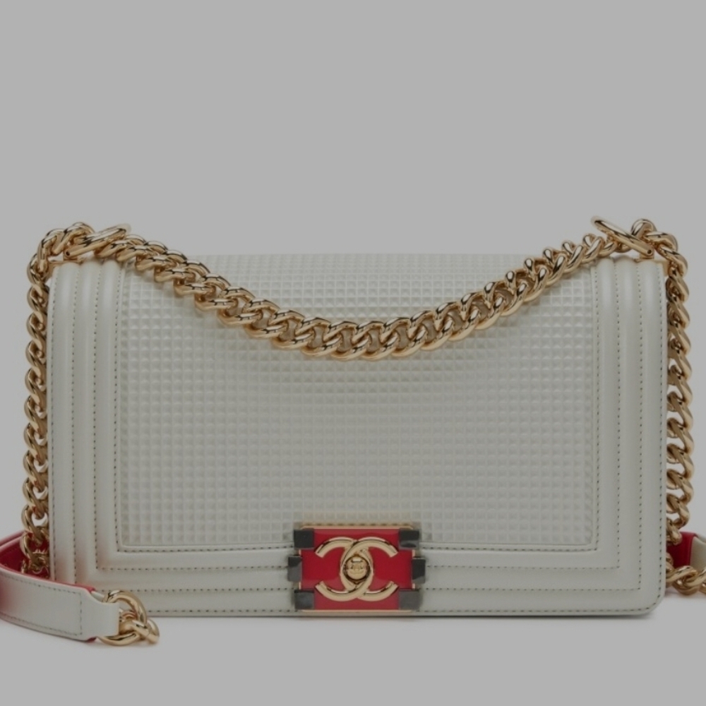 Chanel Boy Bag White Embossed Lambskin Old Medium Cube Gold Hardware, 2014